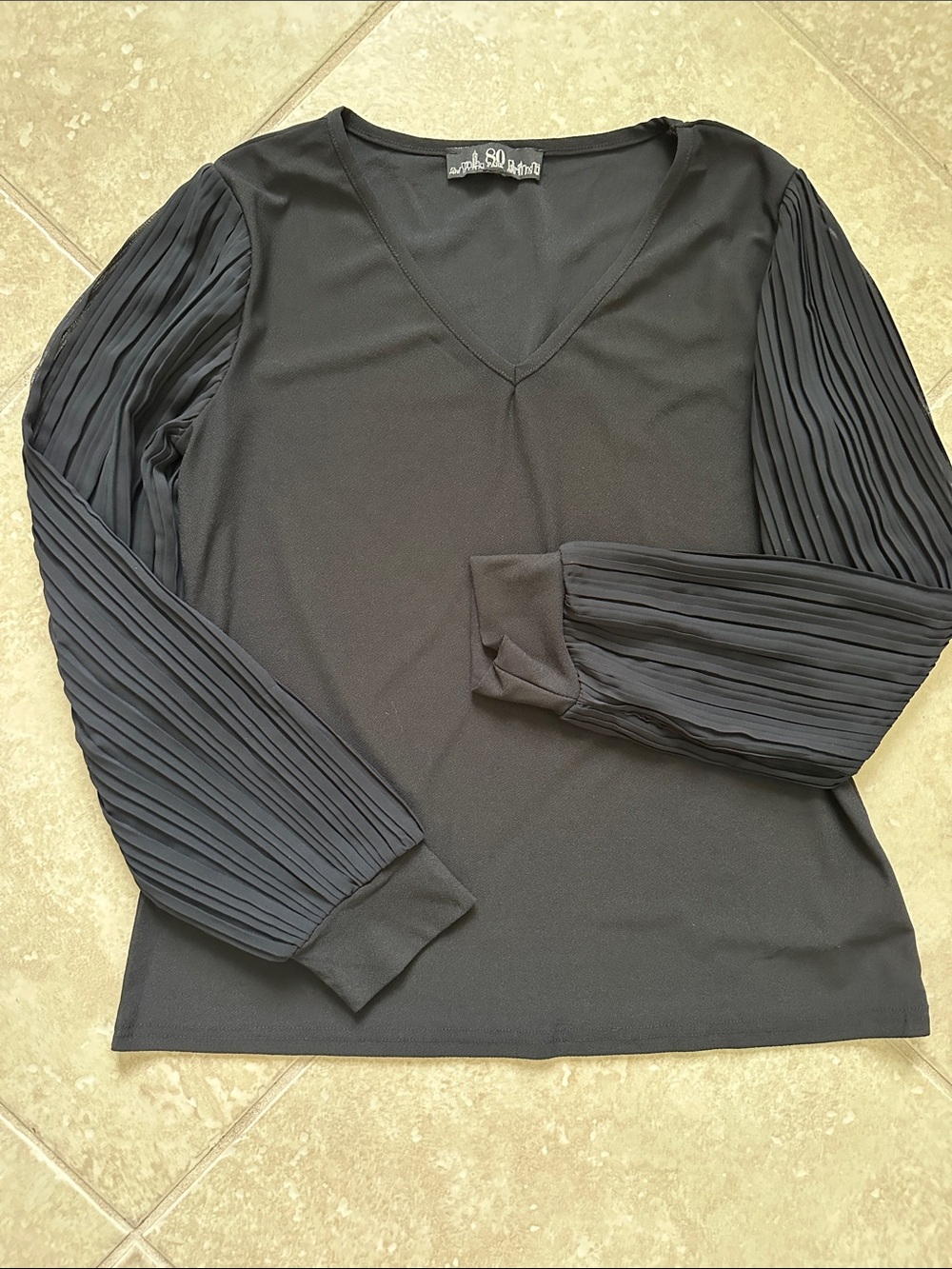 Womens Black V-Neck Top with Pleated Long Sleeves